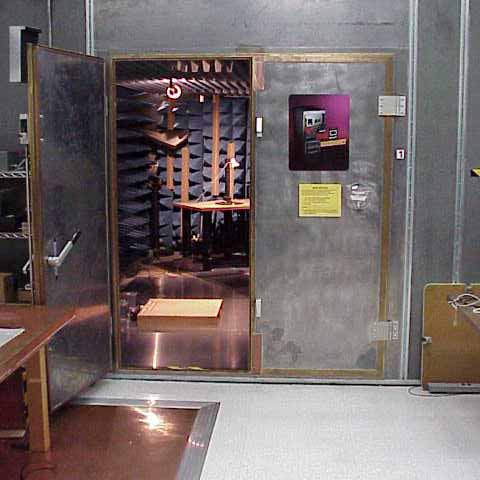 The doorway into the RF Immunity test chamber. The test is performed inside a heavily shielded room to protect the operator from the RF fields employed in the test.